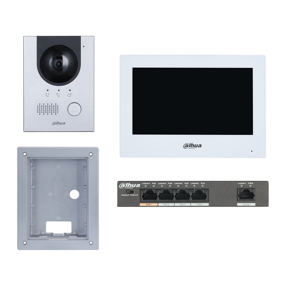 Dahua IP 7" Intercom Kit WHITE - Includes 1 x VTH2621GW-P White Touchscreen, 1 x DHI-VTO2202F-P-S2 2MP **FLUSH** Mount 1PB External Station, 1 x VTM114 Flush Mount Back Box, 1 x CS4006-4ET-60 4-Port Cloud Managed POE Switch (**Supports One Key Config**)