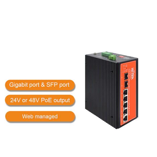 Wi-Tek 6-Port Gigabit Cloud Managed Industrial Solar POE Switch, 4 x POE, 2 x SFP, 120W, Max 90W On Port 3 Or 4, 12V Battery Backup, DIN Mount