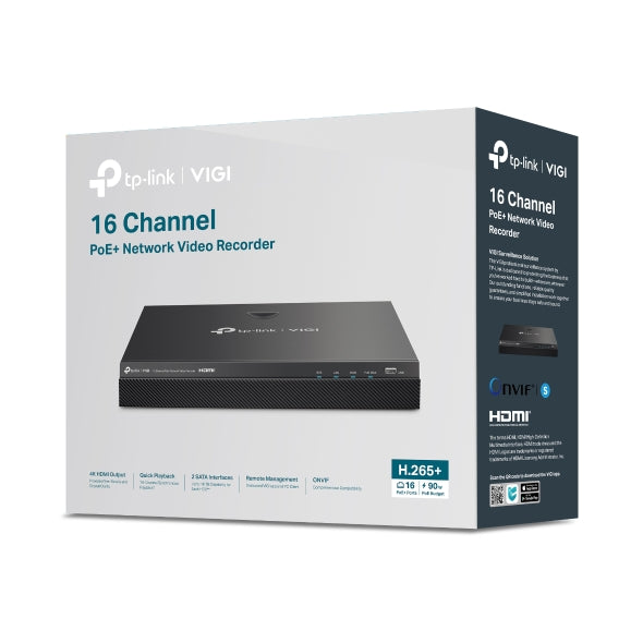 VIGI By TP-Link 16 Channel PoE+ NVR, 4K HDMI Output, 10 Channel @ 1080P Decoding, 160Mbps Bandwidth, H.265+, 16 Channel Live View & Playback, ONVIF, Plug & Play, Remote Monitoring, Dual HDD up to 32TB, eSATA, 16× PoE+ Ports, 90W PoE Budget