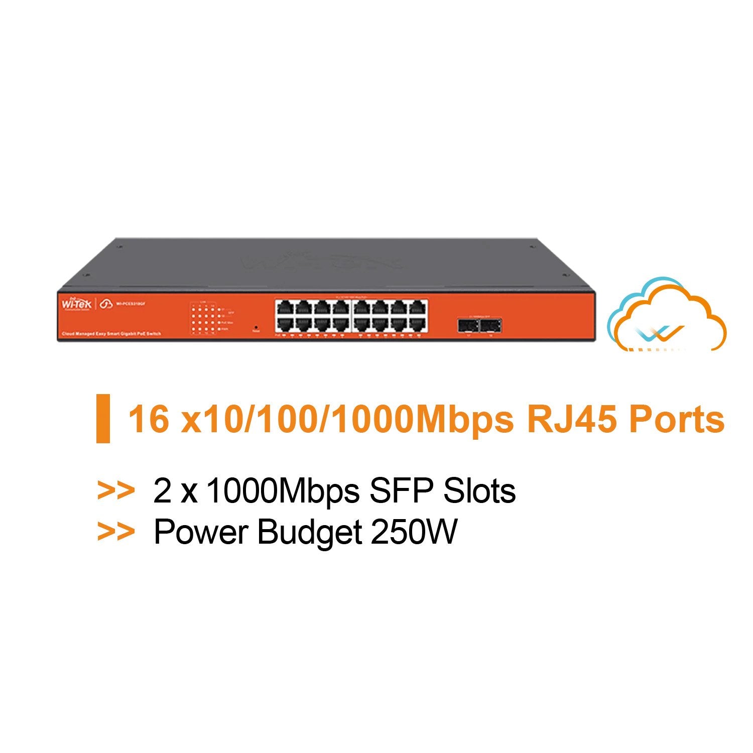 Wi-Tek 18-Port Gigabit Cloud Managed POE Switch, 16 x POE, 2 x SFP, 250W, Max 30W Per Port, Rack Mount