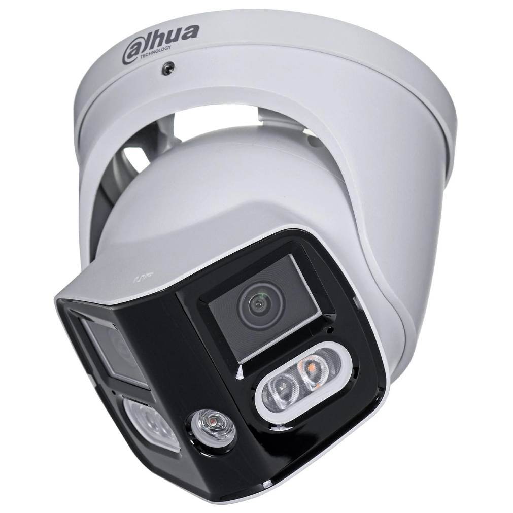 Dahua 2 x 4MP IP WizSense AI Series Full Colour Active Deterrence TiOC 180 Degree Wide Angle Panoramic Turret Camera, SMD 4.0, Quick Pick, Perimeter, Starlight, 2.8mm, 120dB WDR, 25m IR, 20m White Light, POE / 12VDC, IP67, MicroSD, Built-in Dual Mics /