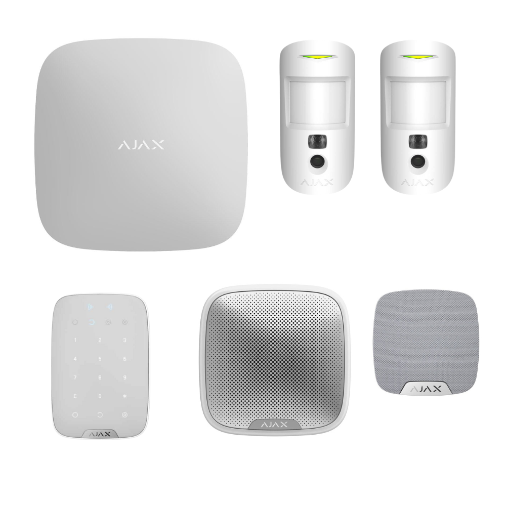 Ajax Hub 2 Home Kit WHITE - 1 x Hub 2 Dual SIM 4G / Ethernet - 2 x Motioncam PIR - 1 x HomeSiren - 1 x StreetSiren - 1 x KeyPad