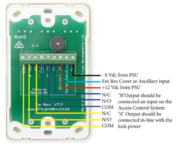 Trojan Em Rex Press To Exit Electronic Emergency Door Release. Two Sets Of N/C, N/O Contacts, Built-in Sounder, 12VDC.