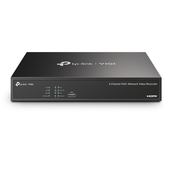 VIGI By TP-Link 4 Channel PoE NVR, 4K HDMI & VGA Output, 8MP Support, 4 Channel @ 4MP Decoding, 80Mbps Bandwidth, H.265+, Smart Detection & Alarms, Two-Way Audio, Simultaneous Playback, ONVIF, Remote Monitoring, Single SATA up to 10TB, 4× PoE+ Ports, 53