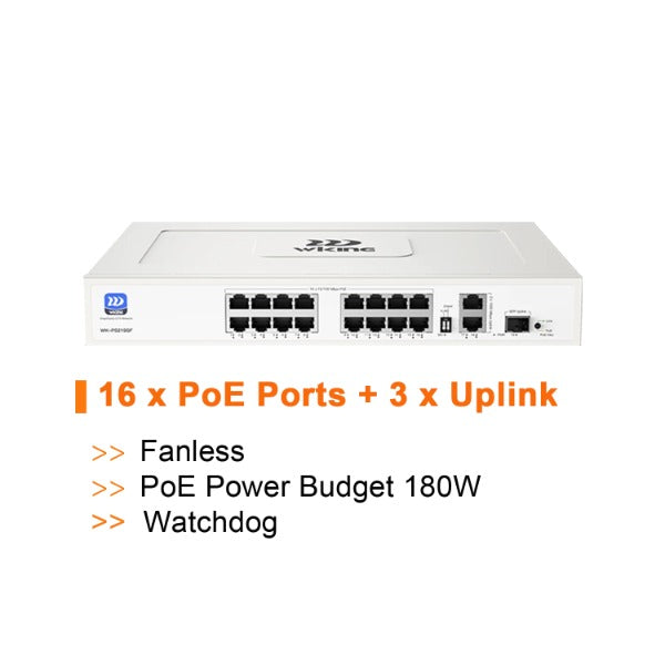 Wi-Tek WiKing 16 Port Non-Managed PoE Switch (16x PoE Ports, 2x Uplink Ports, 1x SFP Port) 250m Long Range, 270W Power Budget, PoE Watchdog
