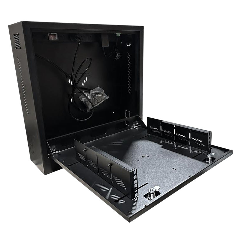 **SUPPLY DELAY (15 AUG)** Zankap Vertical Wall Mount Security Cabinet 2RU Horizontal **BLACK** With Integrated 6 Output Powerboard & 2 x Cabinet Locks - Fits Up To 4HDD NVR & 24" Monitor ***Requires M4 Screws To Mount Monitor***