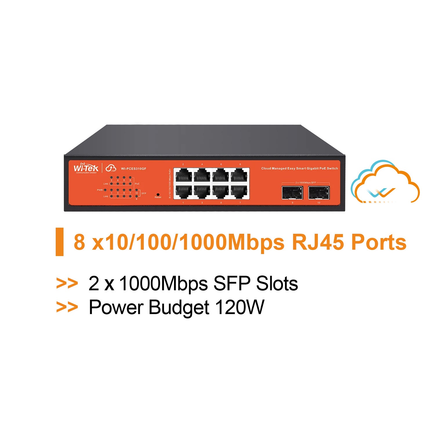 Wi-Tek 10-Port Gigabit Cloud Managed POE Switch, 8 x POE, 2 x SFP, 120W, Max 30W Per Port, Rack Mount