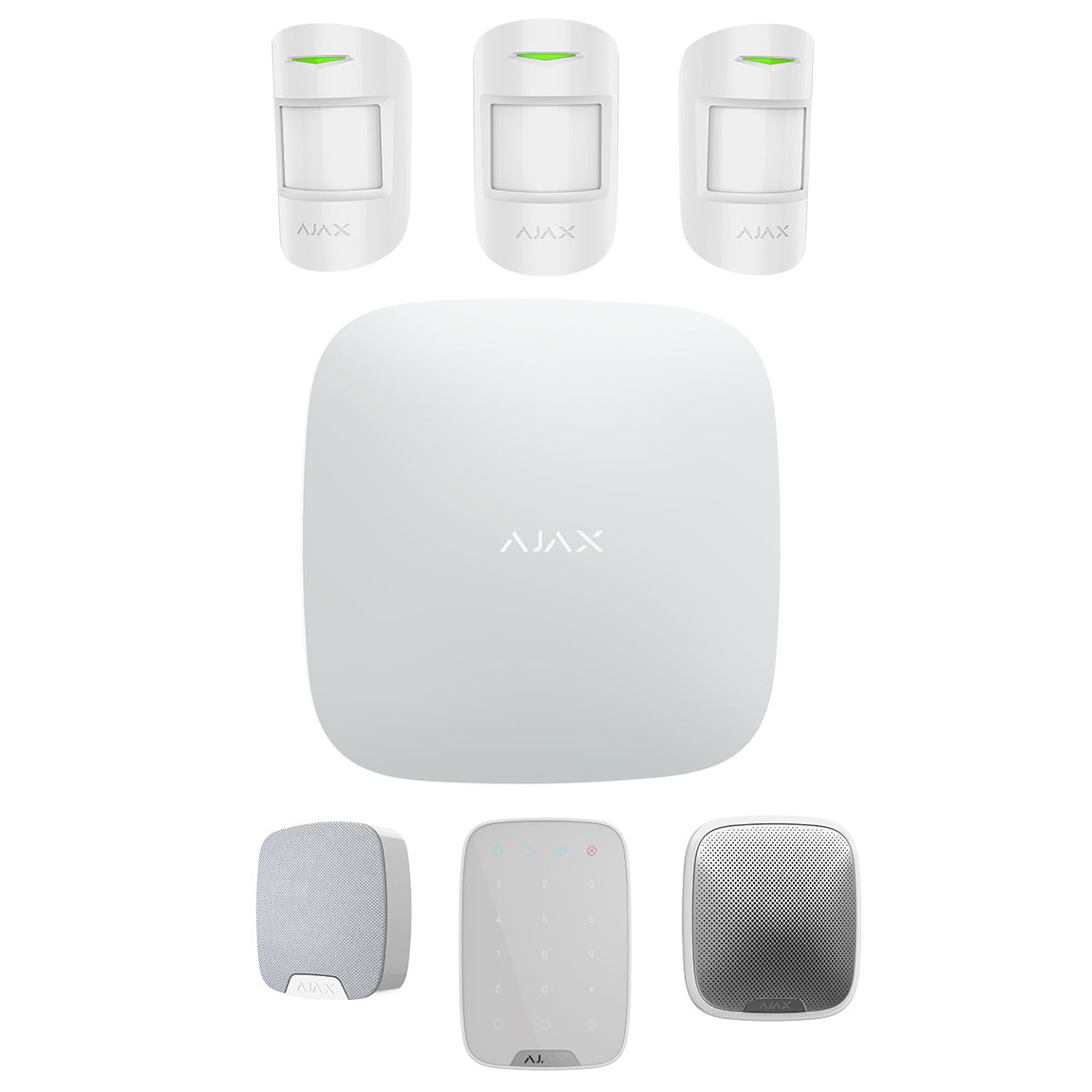 Ajax Hub 2 Home Kit WHITE - 1 x Hub 2 Dual SIM 4G / Ethernet - 3 x MotionProtect PIR - 1 x HomeSiren - 1 x StreetSiren - 1 x KeyPad