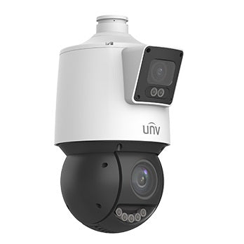 Uniview 4MP IP Deep Learning AI Series 25x Compact **DUAL-LENS** IR PTZ Camera, Perimeter, Auto-Tracking, PTZ / Fixed Camera Alarm Linkage, LightHunter, 4.8-120mm, 120dB WDR, 100m IR, 30m White Light, MicroSD, POE or 12VDC, Built-in Speaker, IP66 (Stand