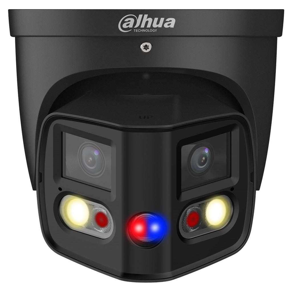 Dahua 2 x 4MP IP WizSense AI Series Full Colour Active Deterrence TiOC 180 Degree Wide Angle Panoramic Turret Camera, SMD 4.0, Quick Pick, Perimeter, Starlight, 2.8mm, 120dB WDR, 25m IR, 20m White Light, POE / 12VDC, IP67, MicroSD, Built-in Dual Mics /