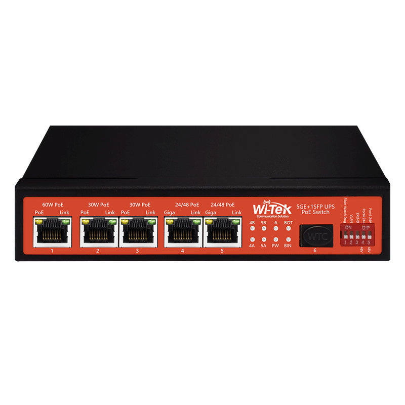 Wi-Tek 6-Port Gigabit Unmanaged Outdoor Solar MPPT Controller POE Switch, 5 x POE, 1 x SFP, 120W, Max 60W On Port 1, 12V Battery Backup, Rack Mount