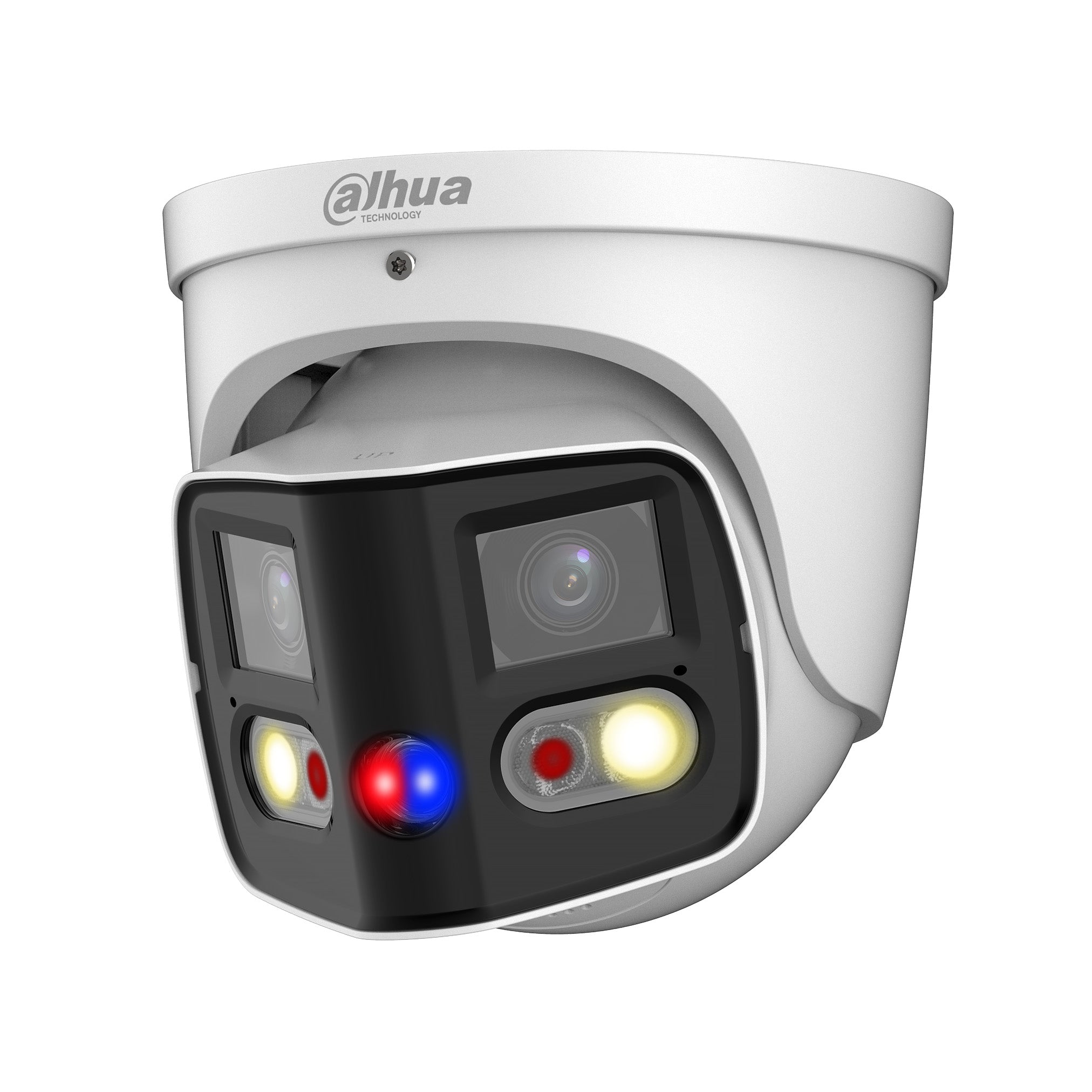 Dahua 2 x 4MP IP WizSense AI Series Full Colour Active Deterrence TiOC 180 Degree Wide Angle Panoramic Turret Camera, SMD 4.0, Quick Pick, Perimeter, Starlight, 2.8mm, 120dB WDR, 25m IR, 20m White Light, POE / 12VDC, IP67, MicroSD, Built-in Dual Mics /