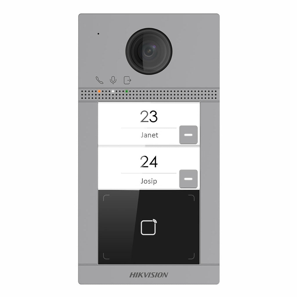 Hikvision IP Villa 2-Button Wi-Fi External Station, Surface Mount, 2MP CMOS Camera, 3m IR, Aluminium Panel, IK08, IP65, POE Or 12VDC, Integrated MiFare Card Reader, Video & Audio Messaging, Remote Intercom With Mobile App