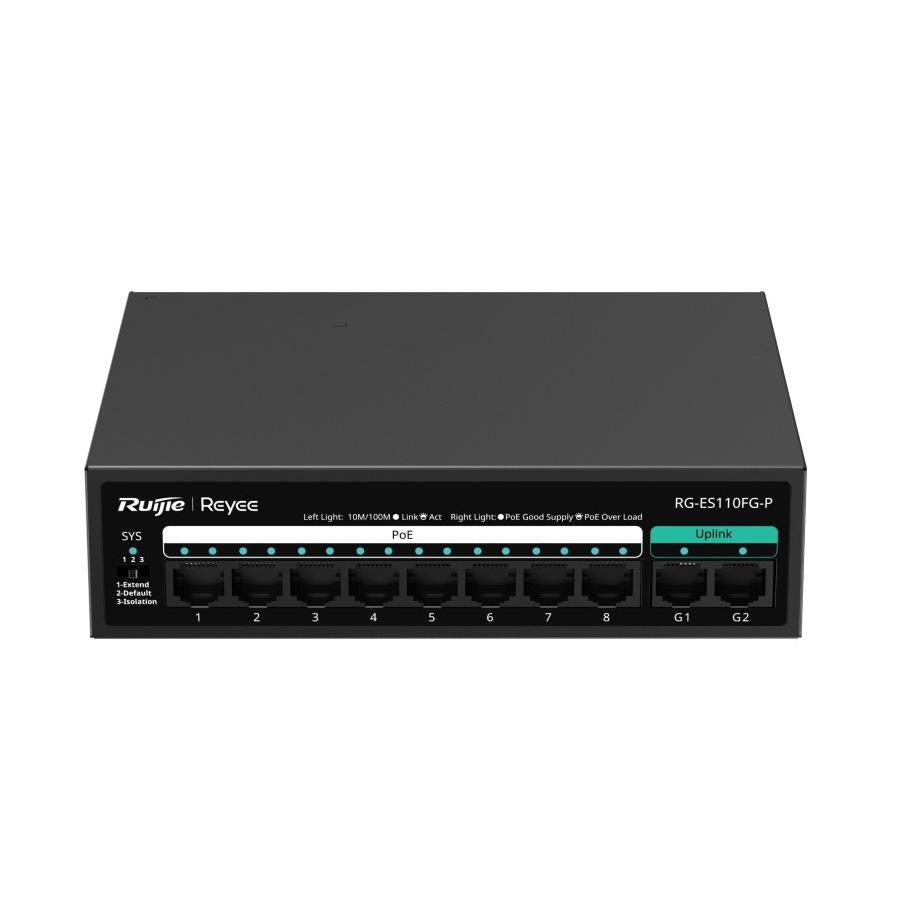 Ruijie Reyee 10-Port Gigabit Unmanaged POE Switch, 8 x POE+ 10/100Mbps Port, 2 x Gigabit Uplink, 250m Transmission Distance on Extend Mode, 110W, Desktop / Wall Mount