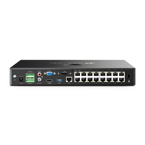 VIGI By TP-Link 16 Channel PoE+ NVR, 4K HDMI Output, 10 Channel @ 1080P Decoding, 160Mbps Bandwidth, H.265+, 16 Channel Live View & Playback, ONVIF, Plug & Play, Remote Monitoring, Dual HDD up to 32TB, eSATA, 16× PoE+ Ports, 90W PoE Budget