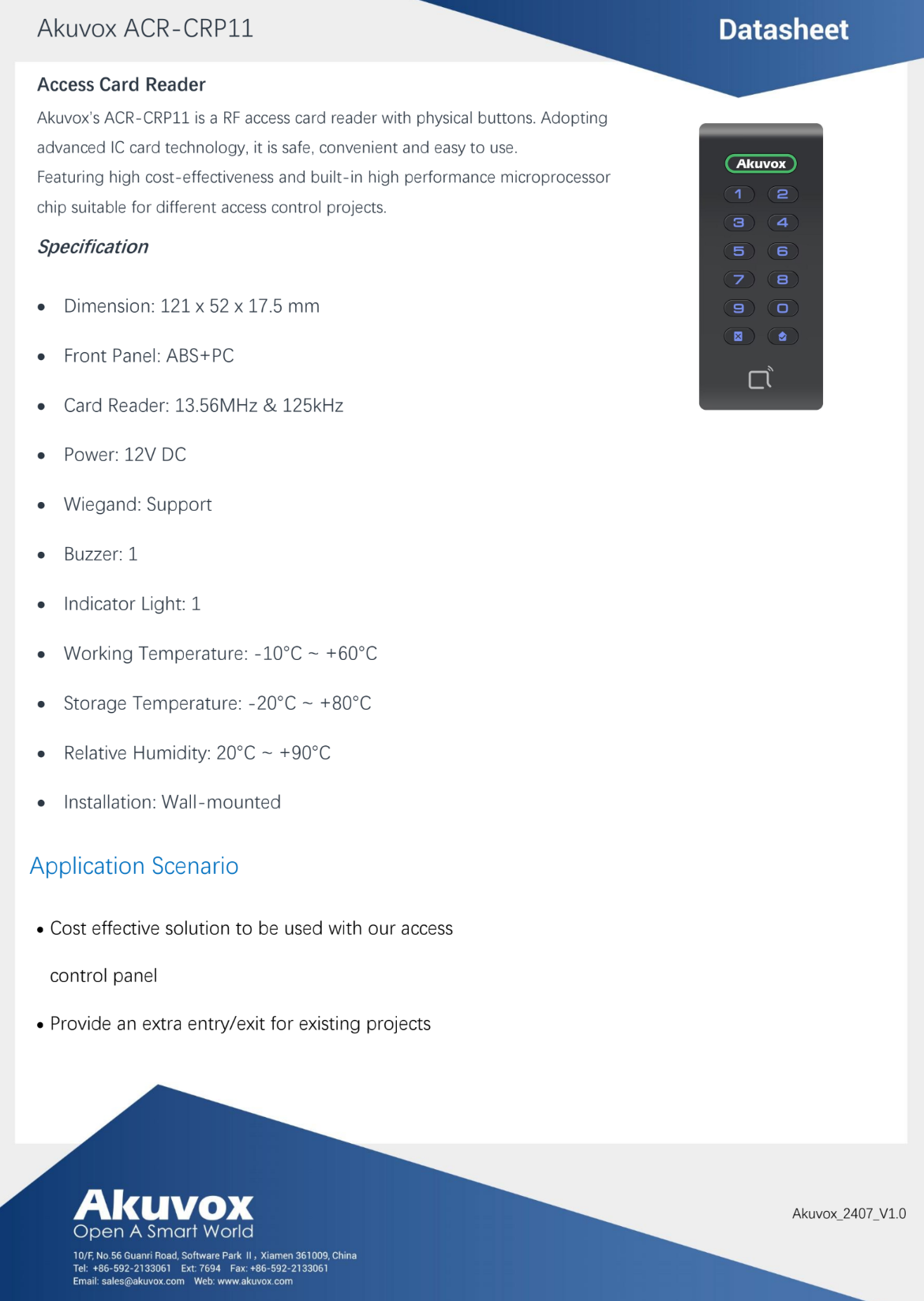 Akuvox Wiegand Reader Keypad Combo, Plastic, 13.56MHz & 125kHz Card Formats, IP65 Rated, Surface Mount