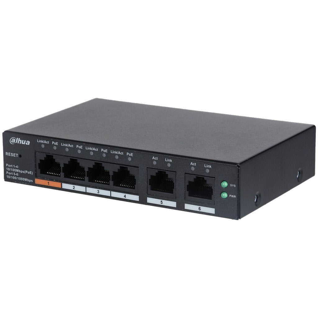 Dahua 6-Port Gigabit Layer 2 Cloud Managed Hi-POE 250M Switch, 4 x POE 10/100Mbps Port, 2 x Gigabit Uplink, 60W, Max 60W On Port 1 Desktop / Wall Mount