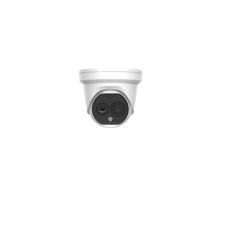 Hikvision 4MP IP Heat Pro Series BI-Spectrum Turret Camera, Perimeter, Fire / Smoke / Smoking Detection, Temperature Exception, Forklift Alarm, Thermal Lens 2.1mm / Optical Lens 2.2mm, 120dB WDR, 15m IR / 30m White Light, POE / 12VDC, IP67, Speaker / Wh