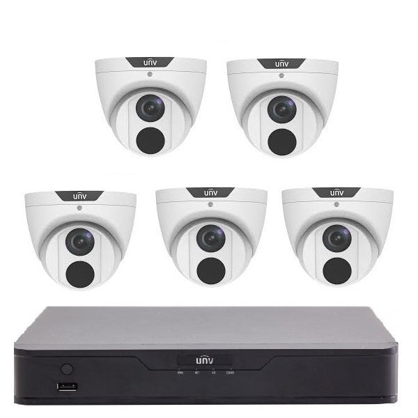 Uniview 8CH Easy Series 8MP Turret Kit - 1 x NVR301-08B-P8-IQ-4TB, 5 x IPC3618LE-ADF28K-GM, Low Light, 2.8mm, WDR, 30m IR, IP67 (Wall Mount: TR-WM03-D-IN, Junction Box: TR-JB03-G-IN)