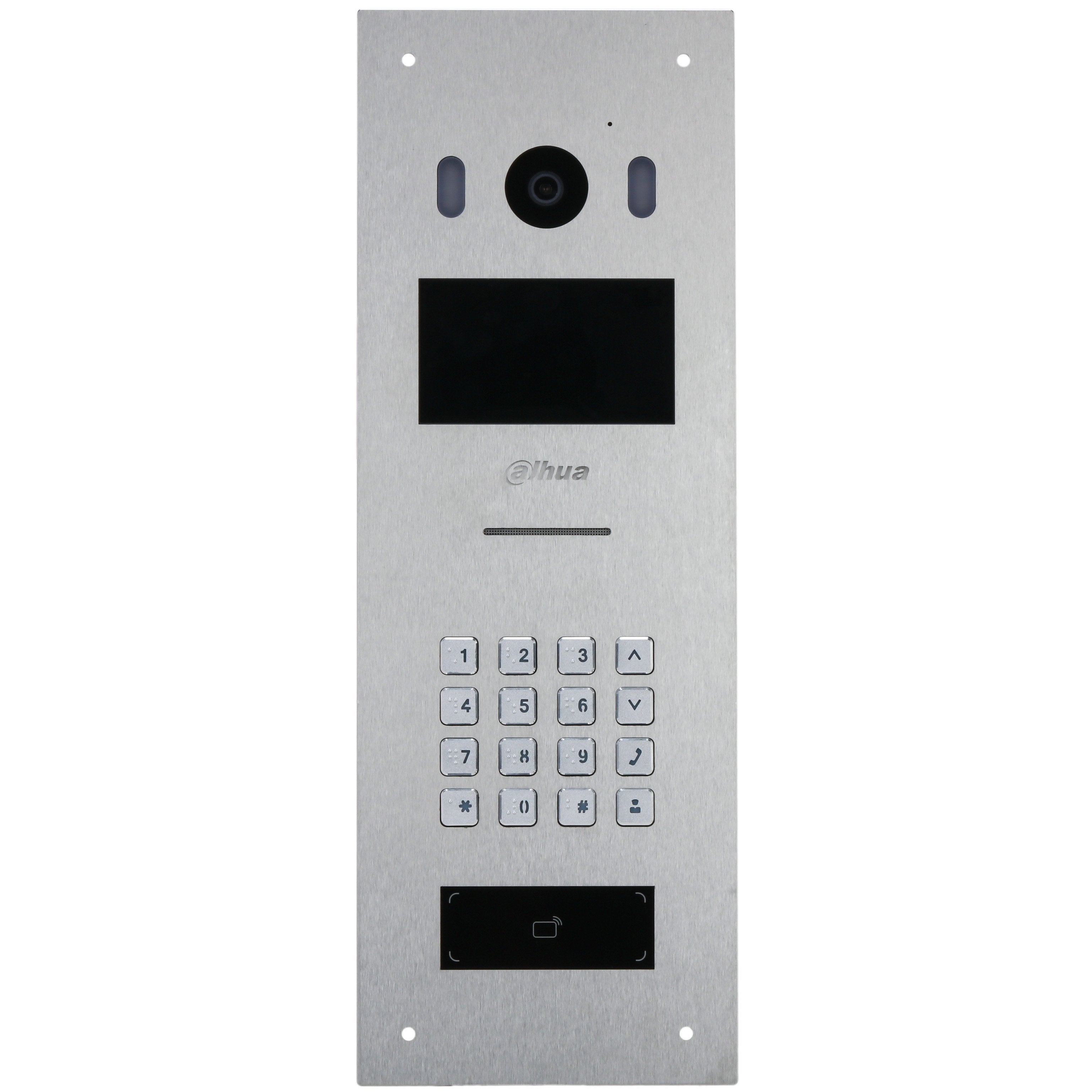 Dahua IP External Station, 2MP CMOS Camera, 4.3" Screen, Stainless Steel Panel, Integrated Password / Mifare Card Reader, IK08, IP65, 12VDC (**REQUIRES EITHER - Surface Plate: VTM57R, Flush Plate: VTOB103)