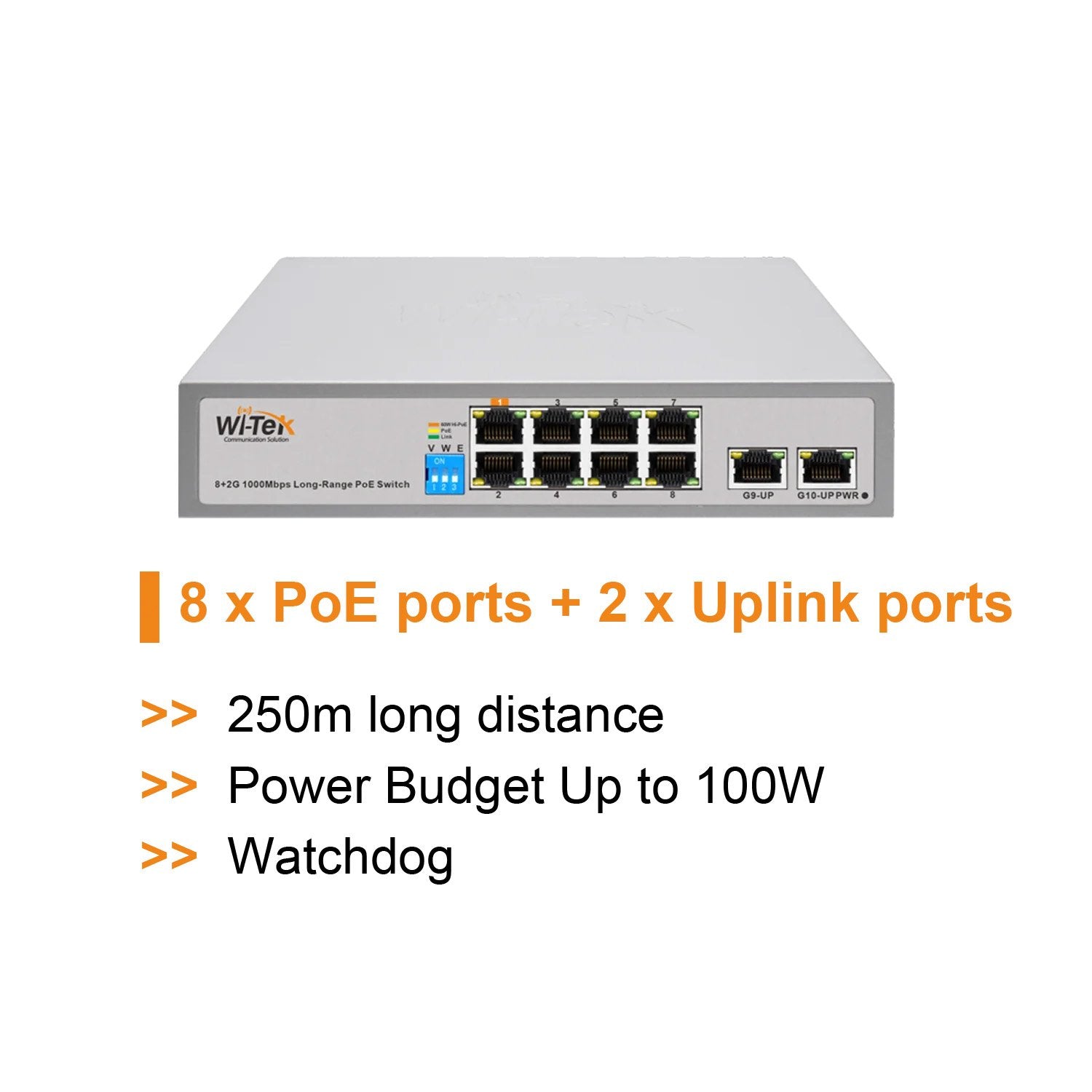 Wi-Tek 10-Port Gigabit Unmanaged POE Switch, 8 x PoE (7 x PoE, 1 x Hi-POE), 2 x Gigabit Uplink, 250m Transmission Distance on Extend Mode, 100W, Max 60W On Port 1, Desktop / Wall Mount