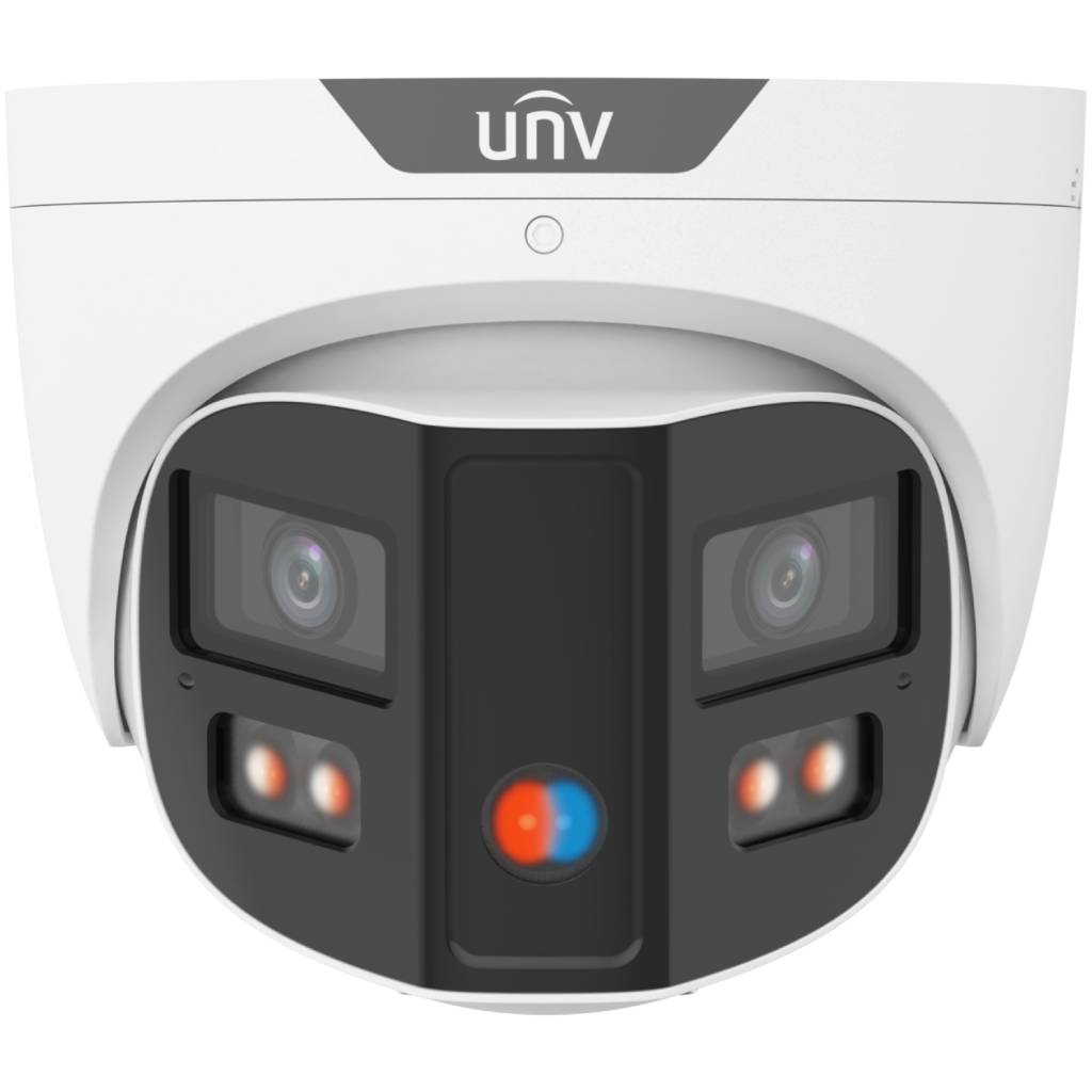 Uniview 2 x 4MP IP Prime III Deep Learning AI Series 180 Degree Vandal Wide Angle Panoramic IR Tri-Guard Turret, Perimeter, ColorHunter, 2.8mm, 130dB WDR, 30m IR / White Light, POE / 12VDC, IP67, IK10, Built-in Mic / Speaker / Red / Blue Lights (Wall Mo