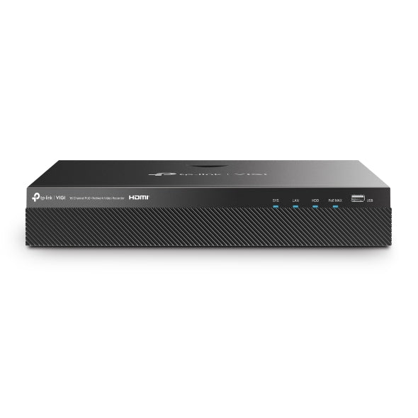 VIGI By TP-Link 16 Channel PoE+ NVR, 4K HDMI Output, 10 Channel @ 1080P Decoding, 160Mbps Bandwidth, H.265+, 16 Channel Live View & Playback, ONVIF, Plug & Play, Remote Monitoring, Dual HDD up to 32TB, eSATA, 16× PoE+ Ports, 90W PoE Budget