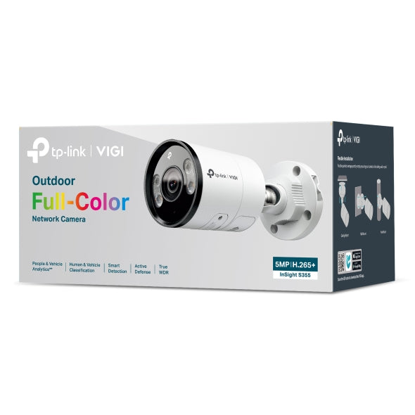 VIGI By TP-Link 5MP Full-Color Bullet, 1/2.7" CMOS, 2.8mm Fixed Lens, 120dB WDR, IR/White Light 30m, Human & Vehicle Detection, Smart Detection Suite, SmartVid (Smart IR, 3D DNR, BLC), Built-in Mic & Speaker, MicroSD Slot, H.265+, IP67, 12VDC/PoE
