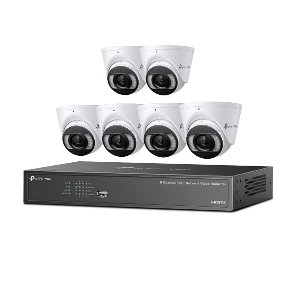 VIGI By TP-Link 4MP Full-Color Turret & 8 Channel PoE+ NVR Kit, Includes 1× NVR1008H-8MP with 2TB HDD, 6× VIGI C445 (2.8mm), 4K HDMI Output, 16MP Decoding, 4CH Playback, RX/TX 80Mbps/60Mbps, H.265+, 4× PoE+ Ports, 113W PoE Budget, Two-Way Audio, IP67 Ca