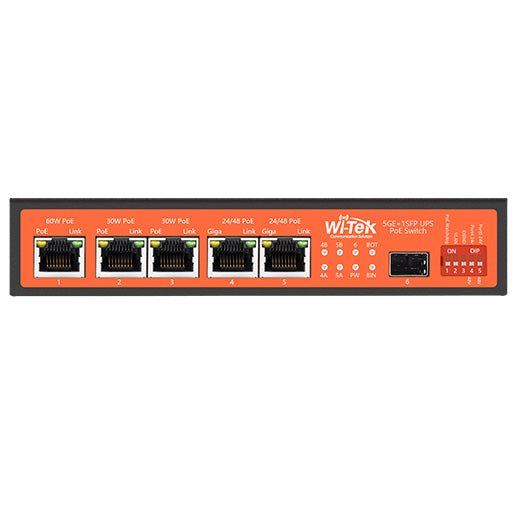 Wi-Tek 6-Port Gigabit Unmanaged Outdoor Solar MPPT Controller POE Switch, 5 x POE, 1 x SFP, 120W, Max 60W On Port 1, 12V Battery Backup, Rack Mount