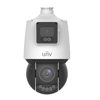 Uniview 4MP IP Deep Learning AI Series 25x Compact **DUAL-LENS** IR PTZ Camera, Perimeter, Auto-Tracking, PTZ / Fixed Camera Alarm Linkage, LightHunter, 4.8-120mm, 120dB WDR, 100m IR, 30m White Light, MicroSD, POE or 12VDC, Built-in Speaker, IP66 (Stand