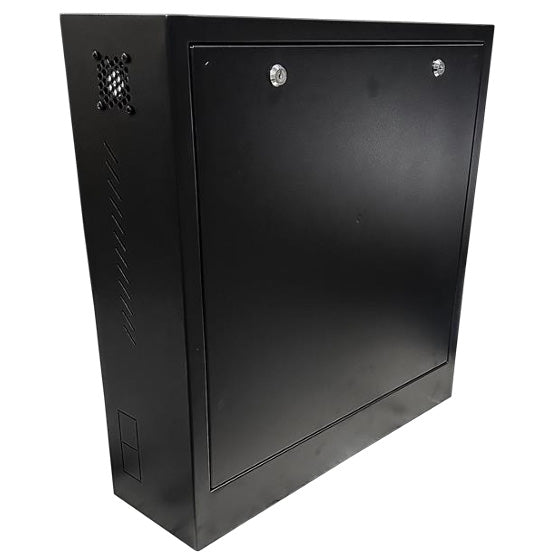 **SUPPLY DELAY (15 AUG)** Zankap Vertical Wall Mount Security Cabinet 2RU Horizontal **BLACK** With Integrated 6 Output Powerboard & 2 x Cabinet Locks - Fits Up To 4HDD NVR & 24" Monitor ***Requires M4 Screws To Mount Monitor***