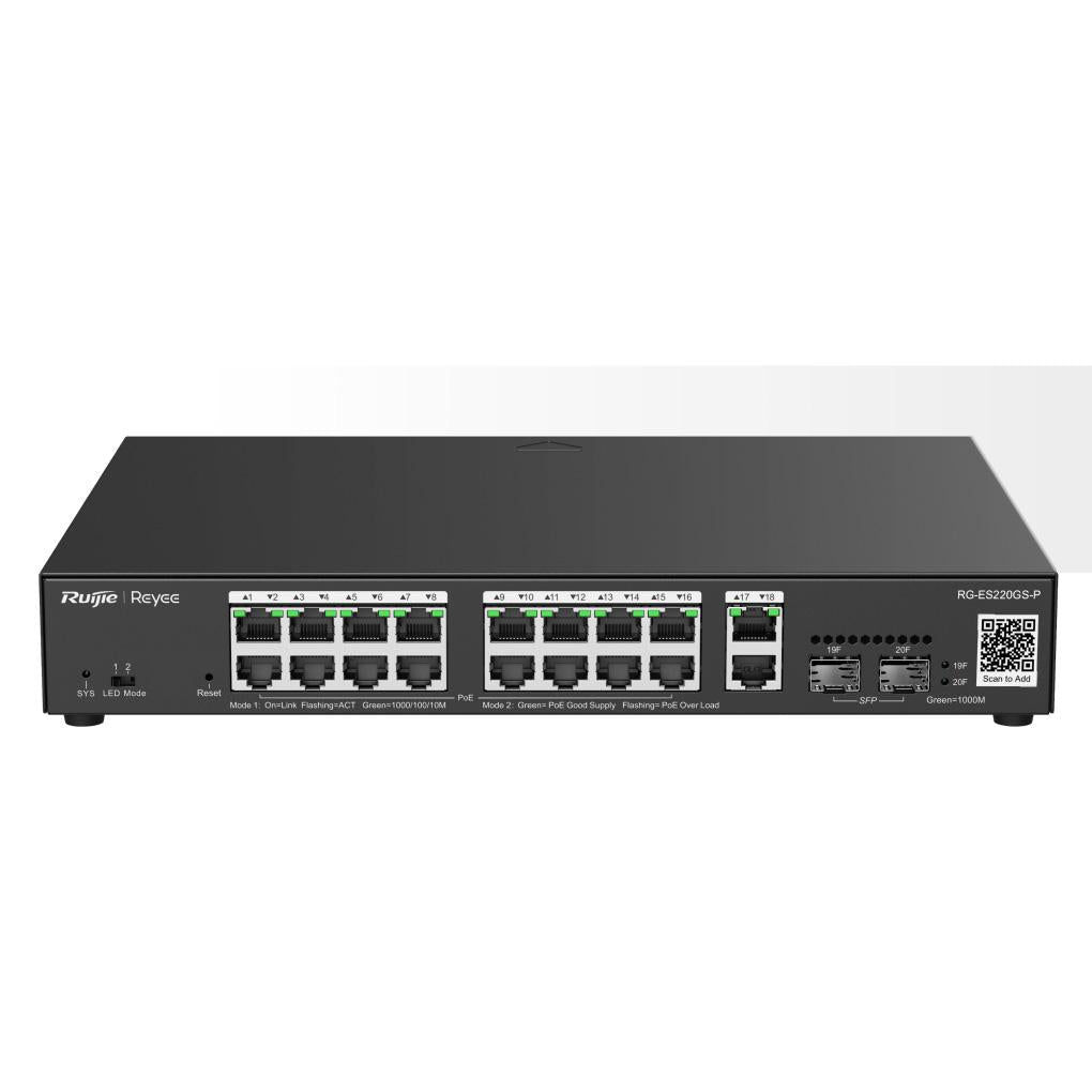 Ruijie Reyee 18-Port Gigabit Cloud Managed POE Switch, 16 x POE+, 2 x Gigabit SFP Combo Uplink, 250W, Desktop Mount