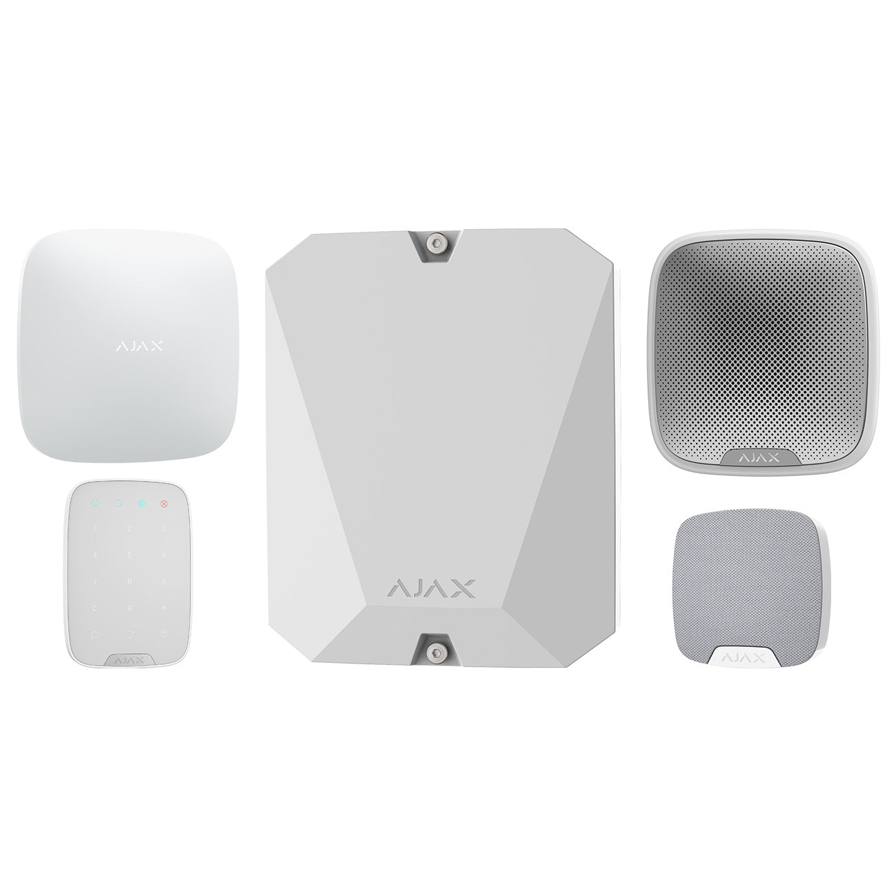 Ajax Hub 2 Plus Take Over Kit WHITE - 1 x Hub 2 Plus Dual SIM 4G / Ethernet / WiFi - 1 x MultiTransmitter - 1 x HomeSiren - 1 x StreetSiren -1 x Keypad-W