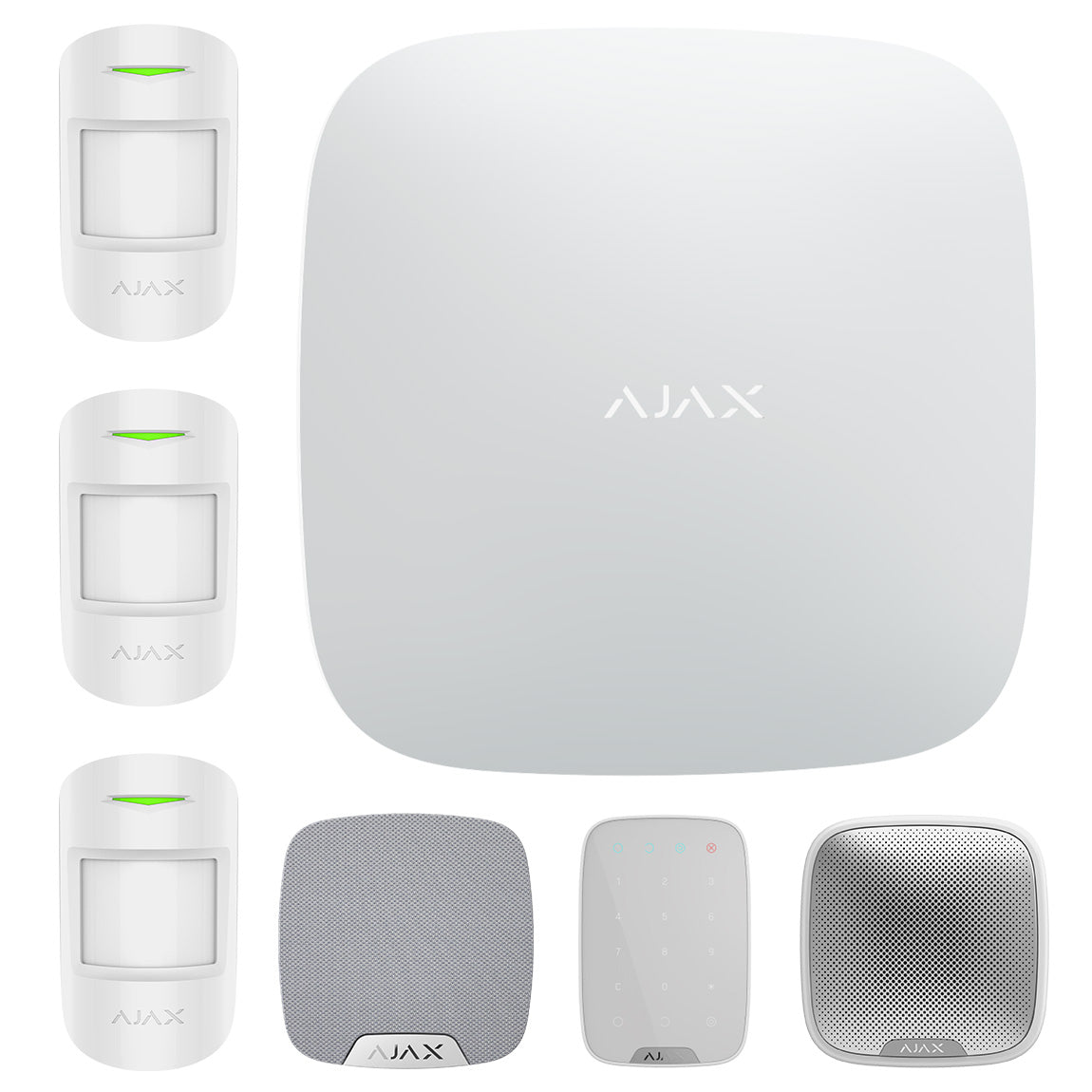 Ajax Hub 2 Plus Home Kit WHITE - 1 x Hub 2 Plus Dual SIM 4G / Ethernet / WiFi - 3 x MotionProtect PIR - 1 x HomeSiren - 1 x StreetSiren - 1 x KeyPad