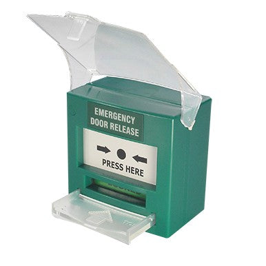 (CQR1021) CQR Green Emergency Door Release Breakglass, Resettable, Visual Activation Window, D/Pole With Flip Cover