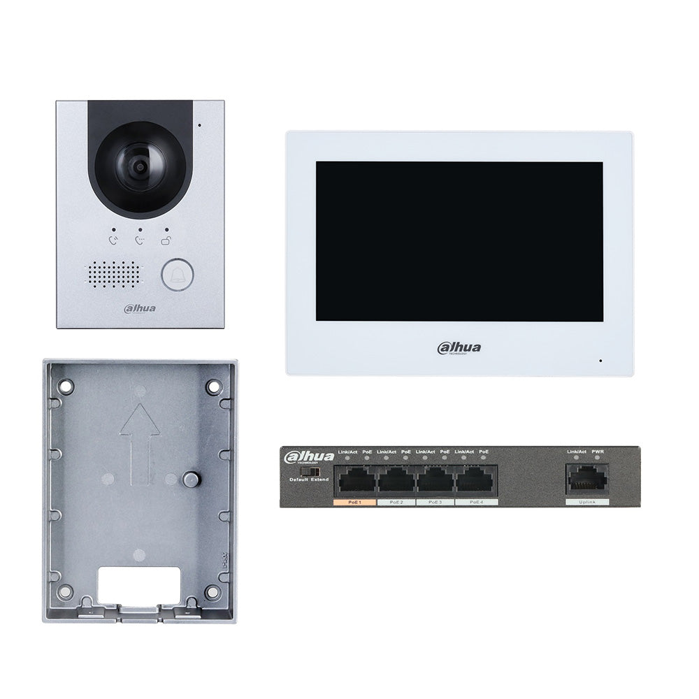 Dahua IP 7" Intercom Kit WHITE - Includes 1 x VTH2621GW-P White Touchscreen, 1 x DHI-VTO2202F-P-S2 2MP **SURFACE** Mount 1PB External Station, 1 x CS4006-4ET-60 4-Port Cloud Managed POE Switch, 1 x VTM05R Surface Mount Back Box With Rain Shield (**Suppo