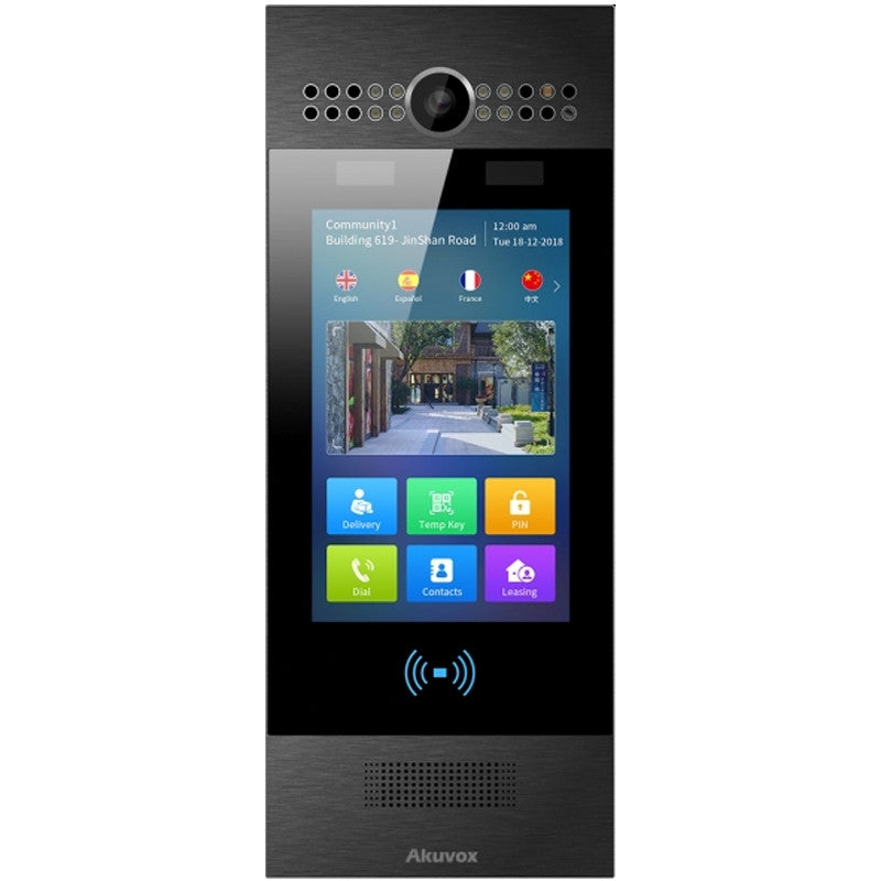 Akuvox IP External Station With Digital Keypad, 7" Touch Screen, MiFare / NFC / QR Code Reader, Body Temperature Monitoring, Facial Recognition, Mobile App, 2MP, **BLACK** Stainless Steel Panel, Indoor Use Only, POE / 12VDC, Surface Mount (Flush Mount: