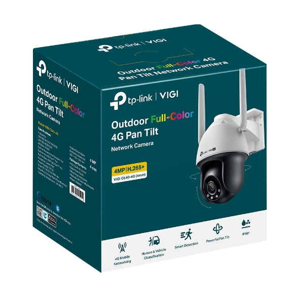VIGI By TP-Link 4MP LTE Full-Color Pan/Tilt, 4G Cat4, Full-Color & IR Night Vision, Human & Vehicle Detection, Auto Tracking, Two-Way Audio, Active Defense, Smart Detection, SmartVid, 4mm, Built-in Mic & Speaker, IP66 (Wall Mount: VJB-240, Junction Box:
