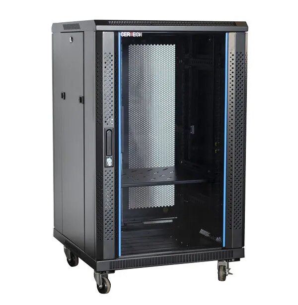 Certech 18RU 600 (W) x 600 (D) Premier Series Server Rack With 1 x Fixed Shelf, 4 x Fans, 1 x 6 Outlet Horizontal PDU, 25 x Cage Nuts, 4 x Castor Wheels & 4 x Levelling Feet
