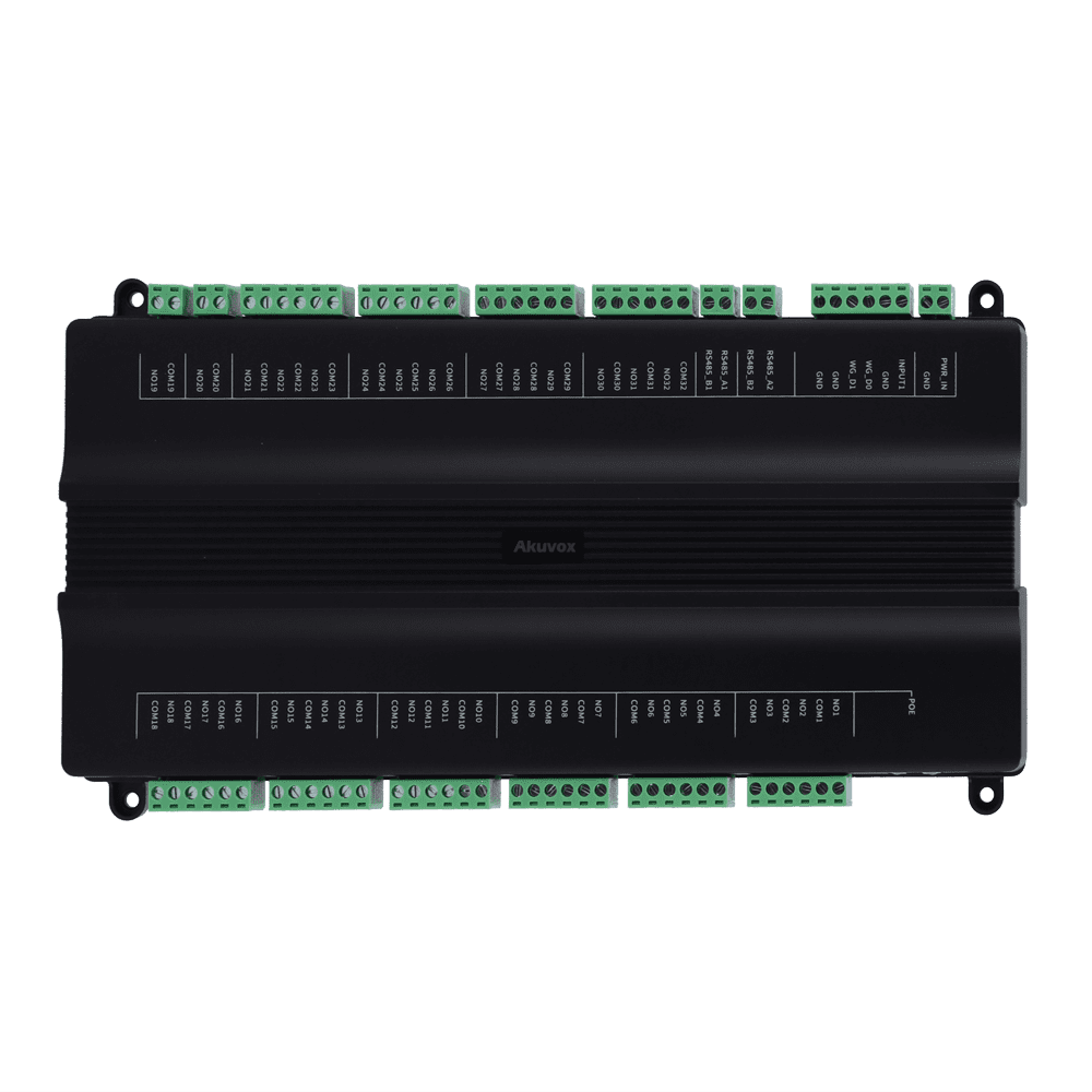 Akuvox Lift Controller, DIN Mountable, 32x Relay Output, Wiegand, Expansion Panel For Max. 64 Outputs, TCP/IP, RS485, PoE Powered