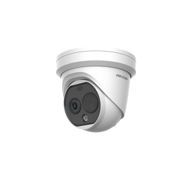 Hikvision 4MP IP Heat Pro Series BI-Spectrum Turret Camera, Perimeter, Fire / Smoke / Smoking Detection, Temperature Exception, Forklift Alarm, Thermal Lens 2.1mm / Optical Lens 2.2mm, 120dB WDR, 15m IR / 30m White Light, POE / 12VDC, IP67, Speaker / Wh