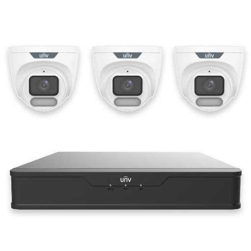 Uniview 4CH Easy Series Wise-ISP Full Colour 4MP Turret Kit - 1× NVR301-04B-P4-IQ, 3× IPC3624LE-ADF28K-WP | Perimeter, OwlView, 2.8mm, 120dB WDR, 30m White Light, Built-in Mic, POE or 12VDC, IP67 (Wall Mount: TR-WM03-D-IN, Junction Box: TR-JB03-I-IN) **