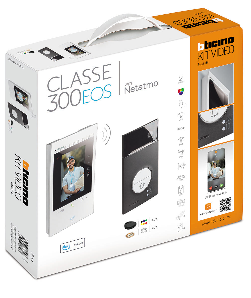 Bticino* 2W 5" Vertical WiFi Video Handsfree Kit NEW Classe 300EOS With Netatmo Video Connected, Built-in Amazon Alexa Voice Assistant, With Linea 3000 Pushbutton Panel With Zamak Front Cover, Wide Angle Colour Camera, Proximity Reader With Kit Of Colou