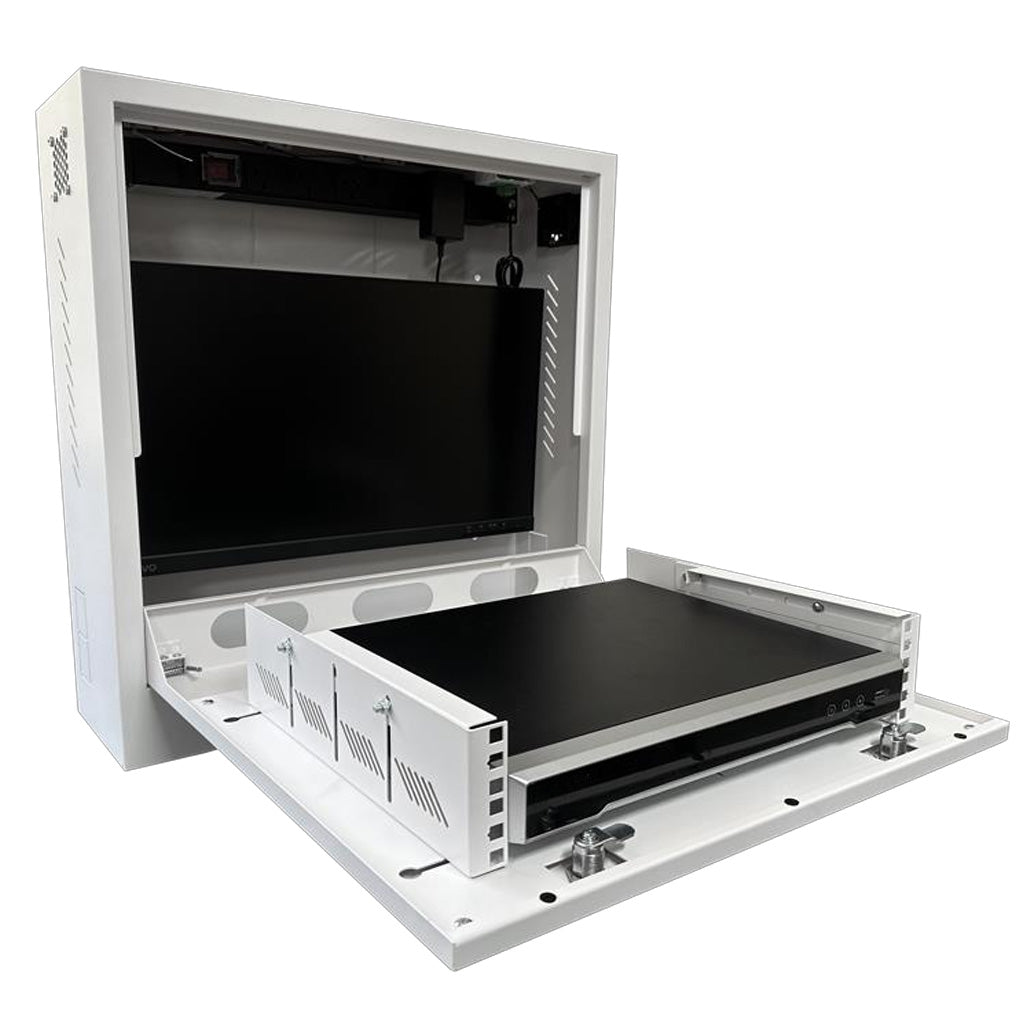 **SUPPLY DELAY (TBC)** Zankap Vertical Wall Mount Security Cabinet 2RU Horizontal With Integrated 4 Output Powerboard & 2 x Cabinet Locks - Fits Up To 4HDD NVR & 24" Monitor ***Requires M4 Screws To Mount Monitor***