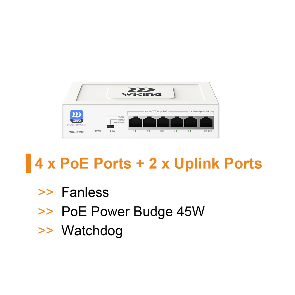 Wi-Tek WiKing 6 Port Non-Managed PoE Switch (4x PoE Ports, 2x Uplink Ports) 250m Long Range, 45W Power Budget, PoE Watchdog