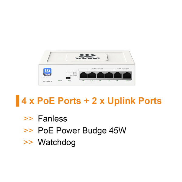 Wi-Tek WiKing 6 Port Non-Managed PoE Switch (4x PoE Ports, 2x Uplink Ports) 250m Long Range, 45W Power Budget, PoE Watchdog