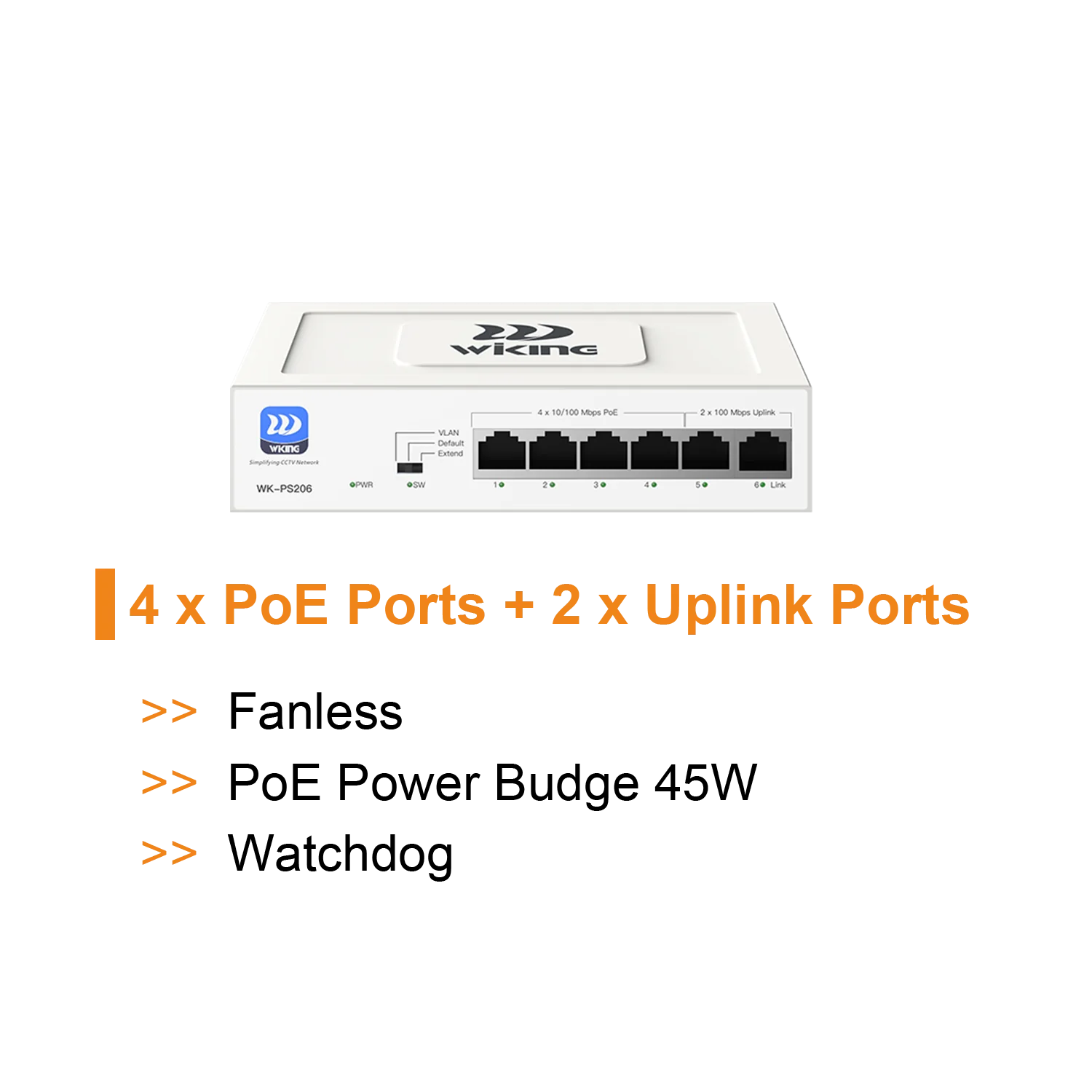 Wi-Tek WiKing 6 Port Non-Managed PoE Switch (4x PoE Ports, 2x Uplink Ports) 250m Long Range, 45W Power Budget, PoE Watchdog