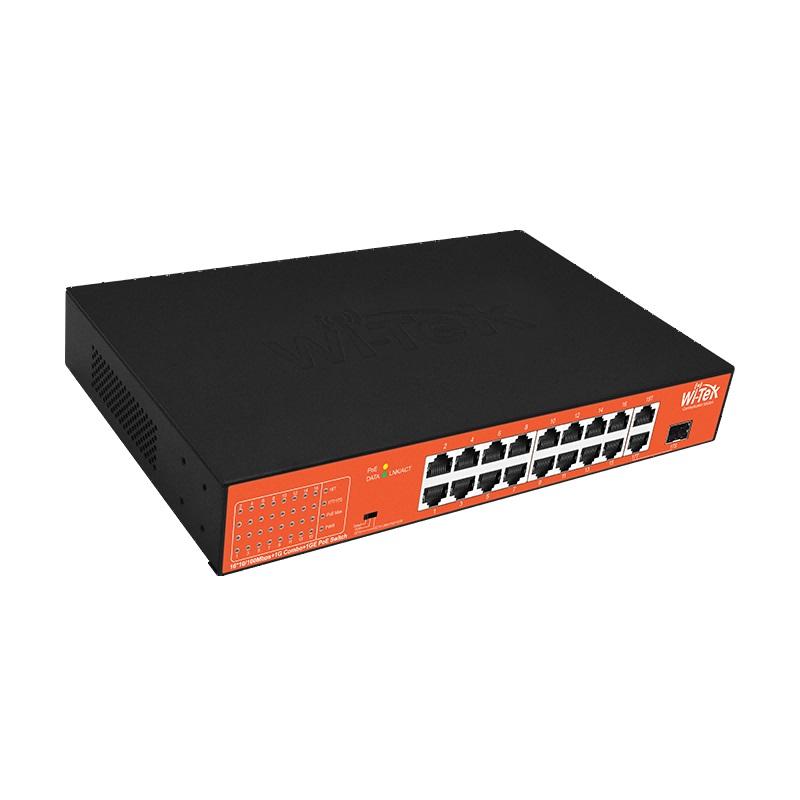 Wi-Tek 18-Port Unmanaged POE Switch, 16 x POE, 1 x SFP, 2 x Gigabit Uplink, 250m Transmission Distance on CCTV Mode, 197W, Max 30W Per Port, Rack Mount