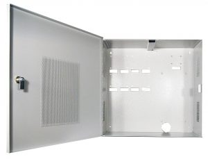 Tactical 1.5MM Steel Powder Coated Enclosure Dimensions 482W x 470H x 185D MM - Colour Apo Grey - Hinged Lid, Will House 5A, 6A Or 10A Power Module, 2 x PDM Modules And Has Space For Up To A 55Ah SLA Battery, Camlock, 2 x Tamper Switches And Mounting Ha